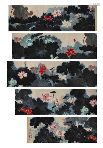 Chinese Lotus Painting Hand Scroll, Zhang Daqian Mark