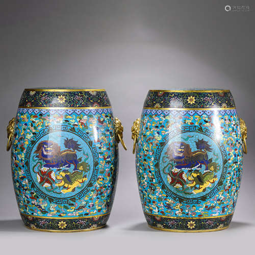 Pair of Cloisonne Enamel Lion Group Stools