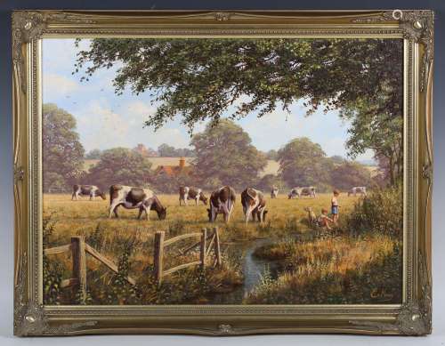 Edward Hersey - Rustic Scene with Boys fishing on a Riverban...