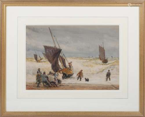 William Lionel Wyllie - Figures hauling a Sailing Vessel ash...