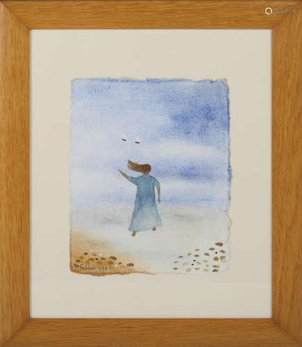 Mary Fedden - Figure on a Beach waving to Sailing Vessels