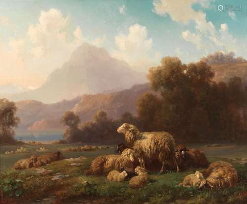 Louis Reinhardt (German, 1849-1870) Sheep resting, a mountai...