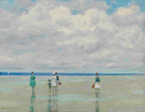 André Gisson (American, 1921-2003) Figures at low tide at Ro...