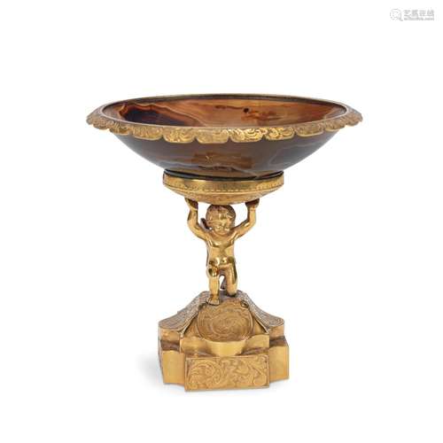 A late 19th century French gilt bronze and agate figural taz...