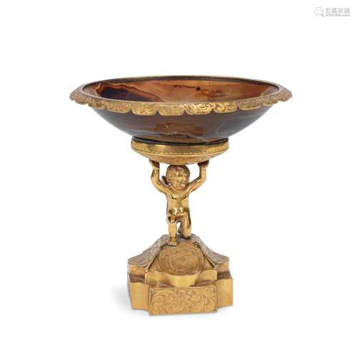 A late 19th century French gilt bronze and agate figural taz...