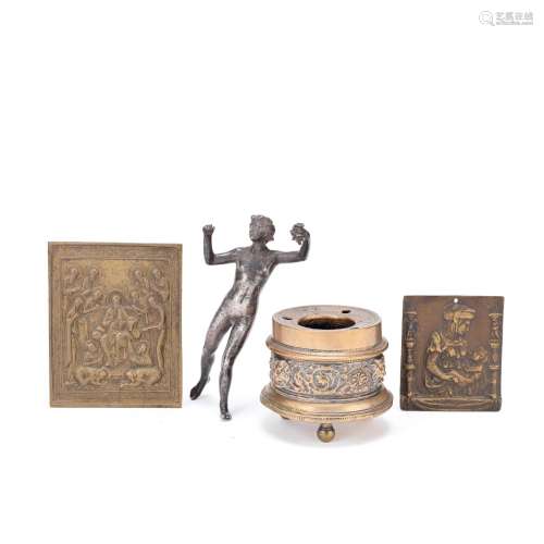 A bronze inkwell, two patinated bronze plaquettes and a silv...