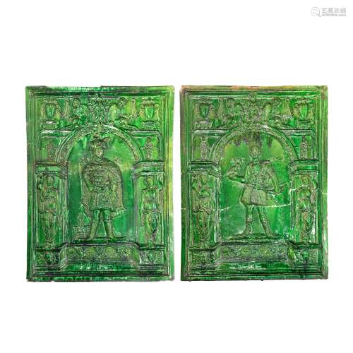 【TP】A pair of Continental green glazed pottery stove tiles p...