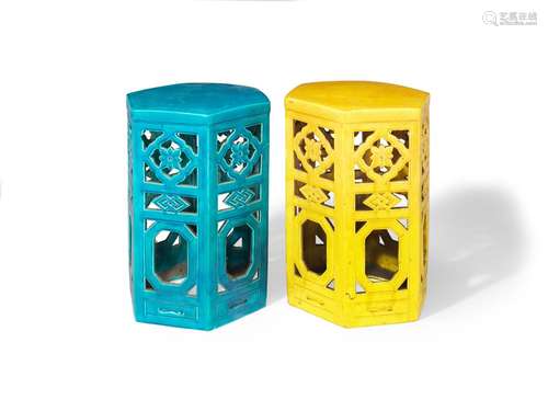 【TP】Two similar Majolica hexagonal garden seats in the Chine...