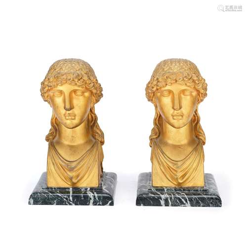 A pair of early 19th century French gilt bronze herm busts o...