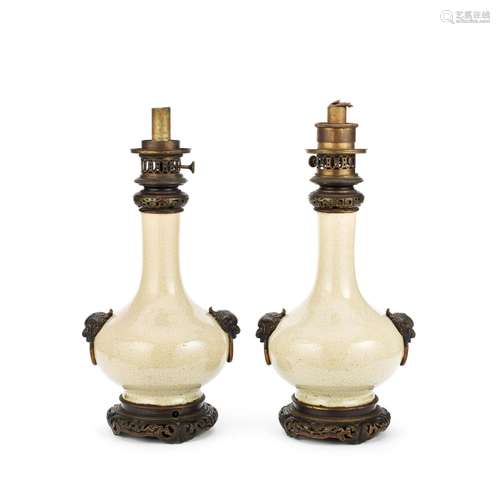 A pair of Chinese porcelain Ge-type bottle vases  mounted as...