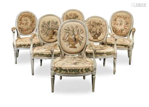 【TP】A harlequin set of six Louis XV/XVI painted fauteuils th...