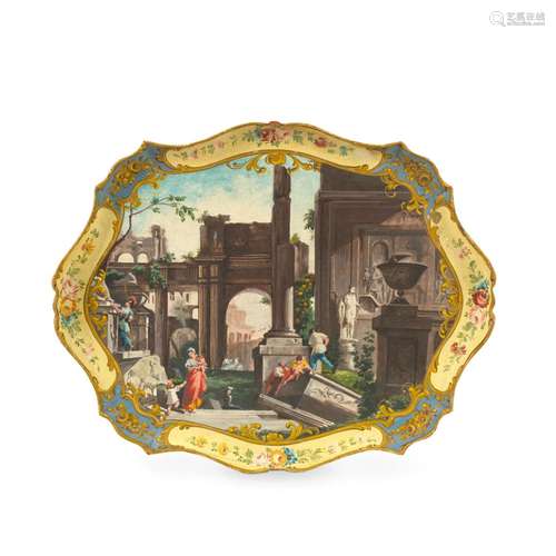 An Italian painted wooden tray decorated with a Roman capric...