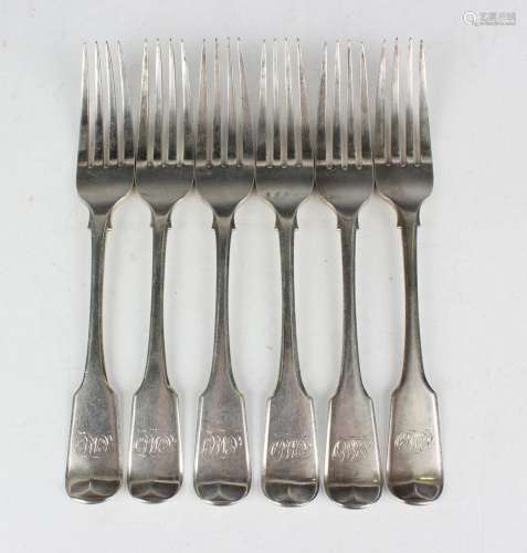 A set of six George III silver Fiddle pattern table forks, E...