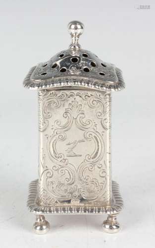 A George III silver pounce pot of square form with pierced c...