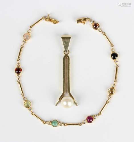 A gold, diamond and varicoloured gemstone bracelet with bar ...