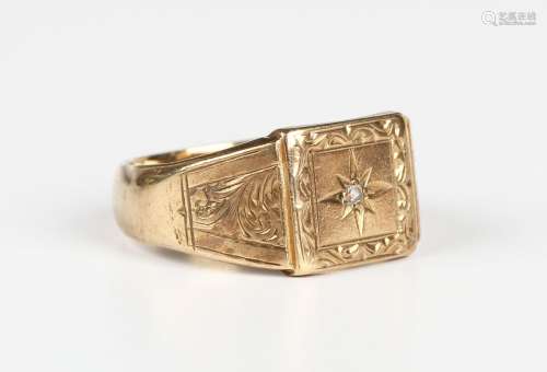 A 9ct gold and diamond square signet style ring with engrave...