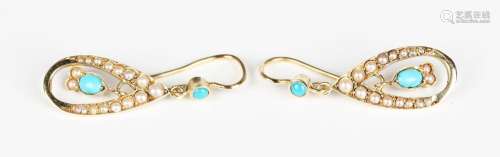 A pair of gold, turquoise and seed pearl drop shaped earring...