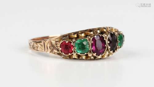A Victorian 9ct gold and varicoloured paste set ring with en...