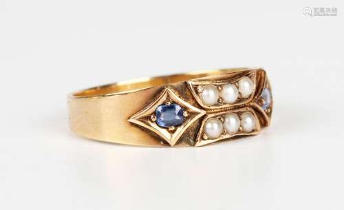 A gold, sapphire and seed pearl ring, circa 1900, mounted wi...