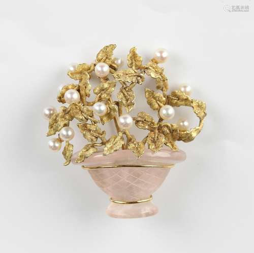 A gold, rose quartz and cultured pearl brooch, designed as a...