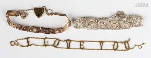 A gold bar and oval link bracelet, detailed '9c', mounted wi...
