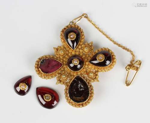 A gold, carbuncle garnet and seed pearl brooch, mid-19th cen...