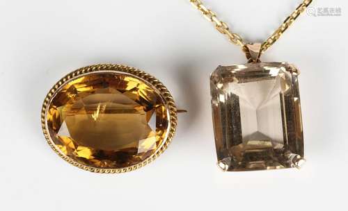 A gold pendant, claw set with a rectangular step cut smoky q...