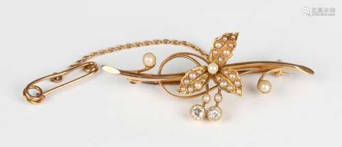 An Edwardian gold, diamond and seed pearl bar brooch, design...