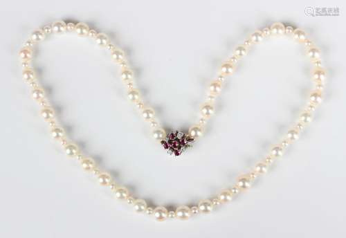 A single row necklace of cultured pearls, designed as a row ...
