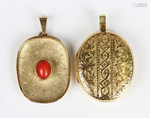 A gold oval pendant locket with a later suspension loop, det...