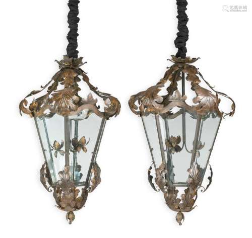 A PAIR OF TOLE FRAMED GLAZED LANTERNS, 20TH CENTURY IN THE I...