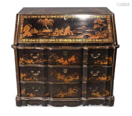 A GEORGE II BLACK LACQUER AND GILT CHINOISERIE DECORATED BUR...