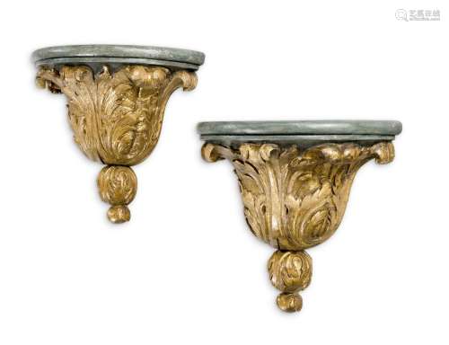 A PAIR OF CARVED GILTWOOD AND GREEN PAINTED WALL BRACKETS, I...