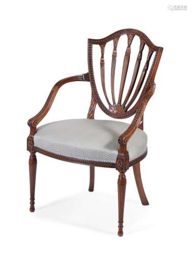 Y A PAIR OF SATINWOOD OPEN ARMCHAIRS, IN GEORGE III STYLE, 1...