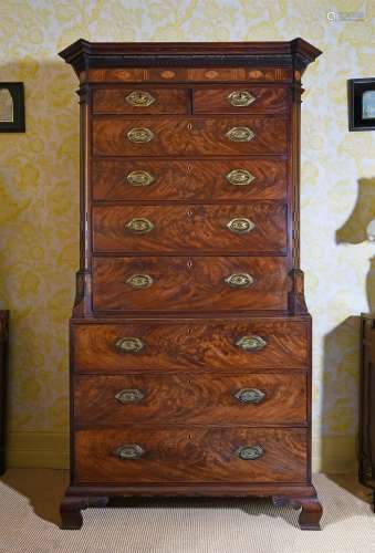 AN UNUSUAL GEORGE III MAHOGANY AND MARQUETRY CHEST ON CHEST,...