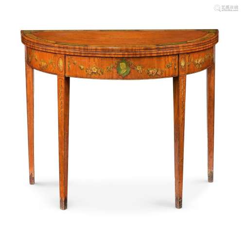 Y A GEORGE III SATINWOOD AND POLYCHROME PAINTED DEMI-LUNE CA...