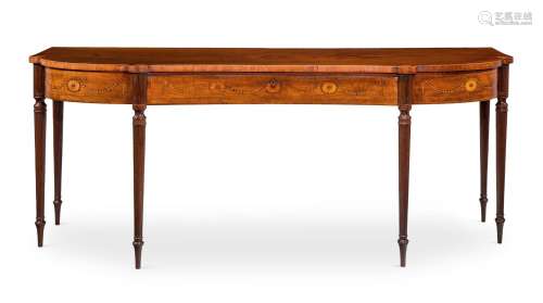 A GEORGE III MAHOGANY AND MARQUETRY SERVING TABLE, IN THE MA...