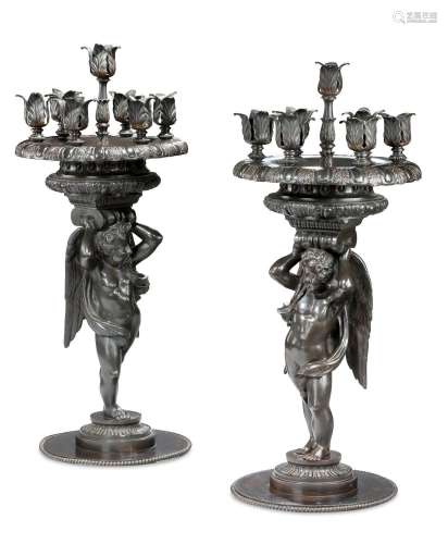 A PAIR OF BRONZE FIGURAL TABLE CANDELABRA, ITALIAN, LATE 19T...