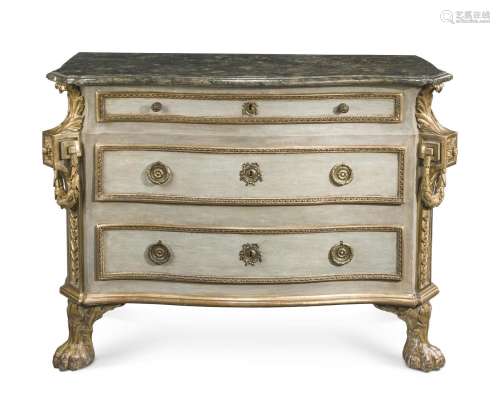 AN ITALIAN PAINTED AND PARCEL GILT COMMODE, CIRCA 1760, ROMA...