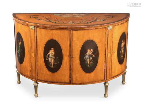 Y A SATINWOOD AND POLYCHROME PAINTED DEMI-LUNE COMMODE, LATE...