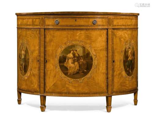 Y A SATINWOOD AND POLYCHROME PAINTED DEMI-LUNE COMMODE, LATE...
