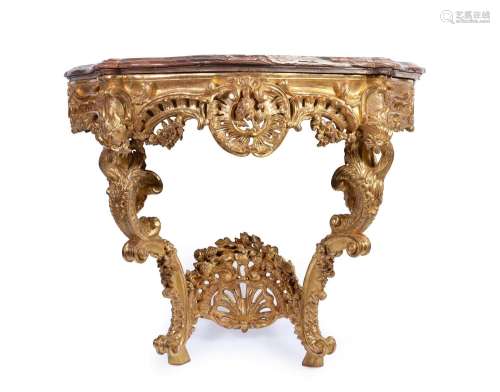 A CONTINENTAL CARVED GILTWOOD CONSOLE TABLE, LATE 18TH OR 19...