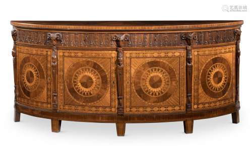 Y A MAHOGANY, TULIPWOOD AND SPECIMEN MARQUETRY DEMI-LUNE COM...