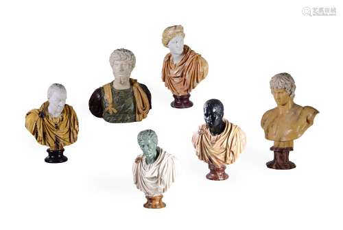 A SET OF SIX SIMULATED MARBLE BUSTS OF ROMAN EMPERORS AND FI...