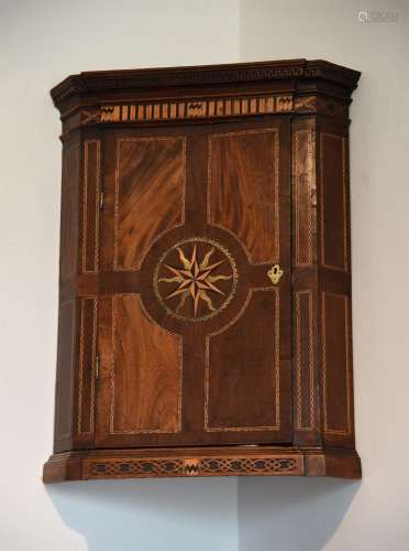 A GEORGE III MAHOGANY, BOXWOOD AND BRASS MARQUETRY HANGING C...