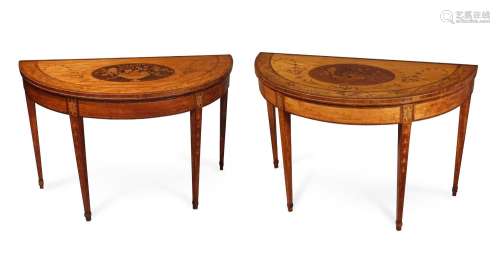 Y A MATCHED PAIR OF SATINWOOD AND MARQUETRY DEMI-LUNE FOLDIN...