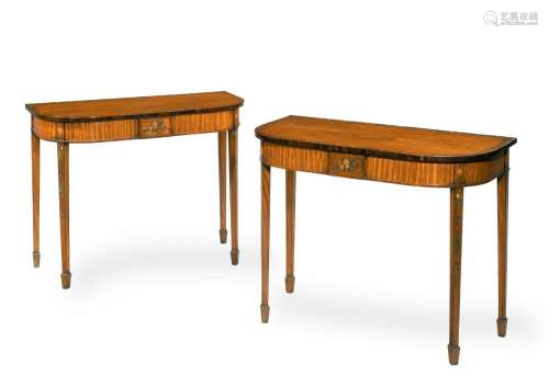 Y A PAIR OF GEORGE III SATINWOOD AND POLYCHROME PAINTED SIDE...