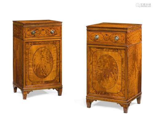 Y A PAIR OF SATINWOOD AND MARQUETRY PEDESTAL CUPBOARDS OR DI...