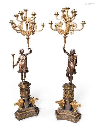A LARGE PAIR OF BRONZE AND GILT BRONZE CANDELABRA, LATE 19TH...