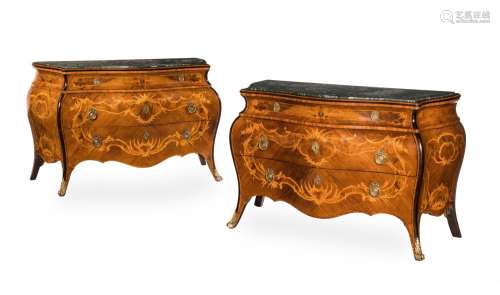 A PAIR OF CONTINENTAL WALNUT AND MARQUETRY MARBLE TOPPED SER...